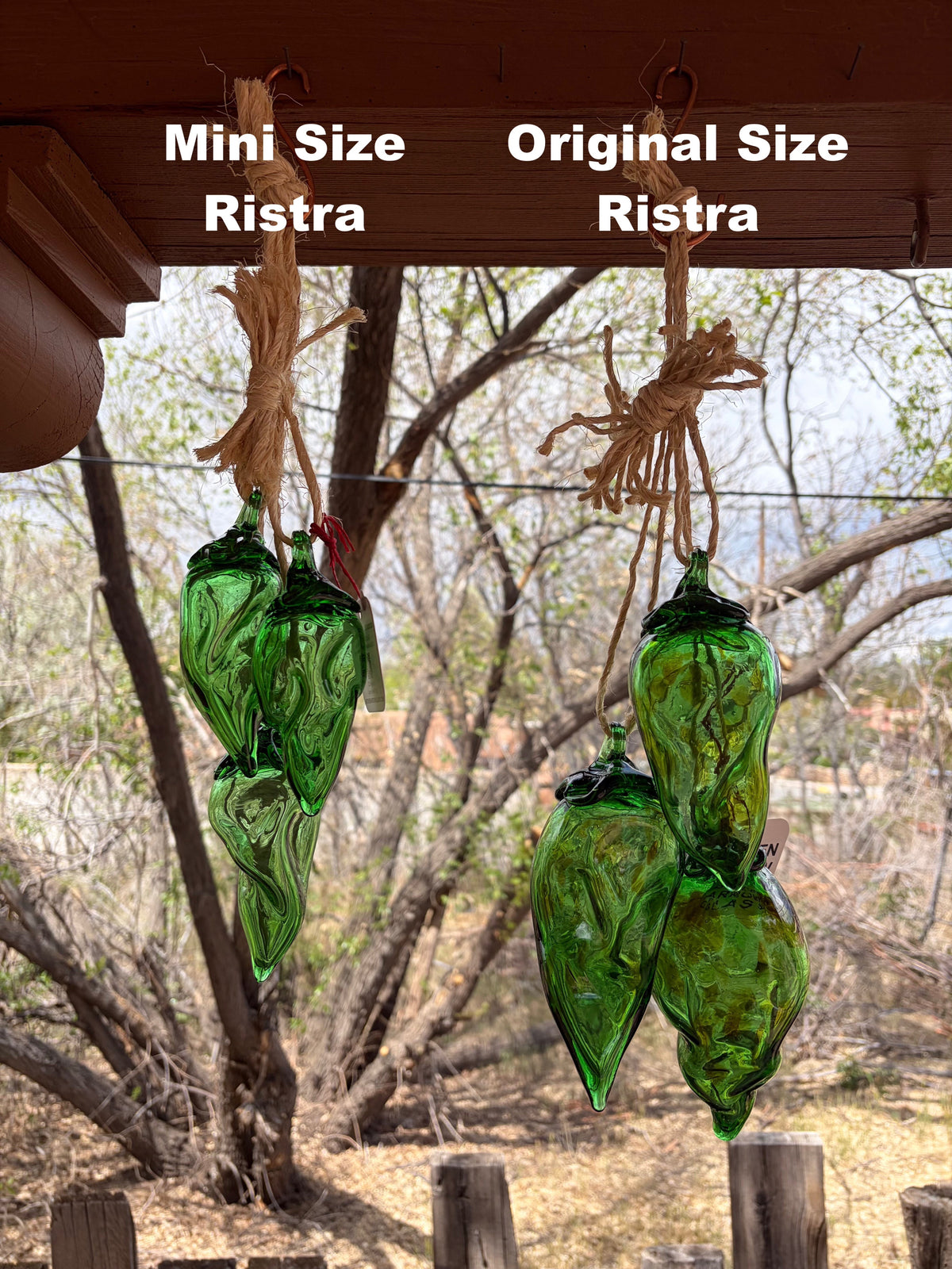 Broken Arrow Glass Recycling handcrafted emerald green glass chile pepper ristra ornaments hanging on rustic twine
