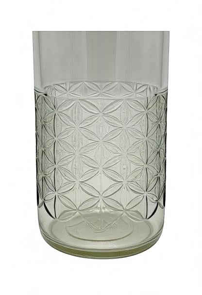 Broken Arrow Glass Recycling tall upcycled clear glass tumbler featuring an embossed geometric flower of life pattern.