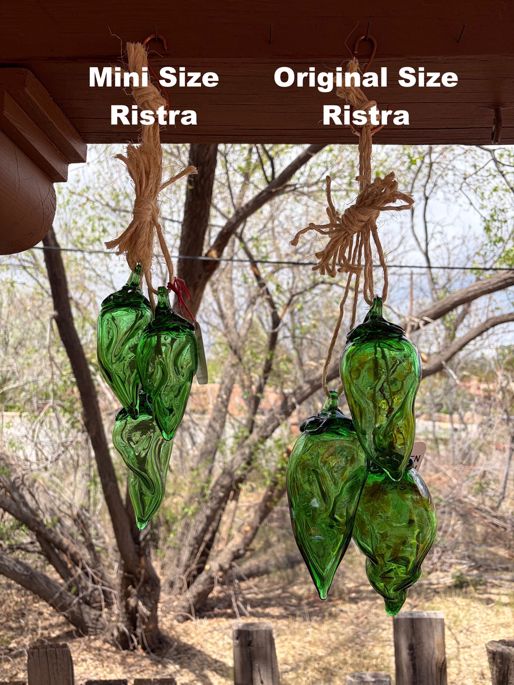 Broken Arrow Glass Recycling handcrafted emerald green glass chile pepper ristra ornaments hanging on rustic twine