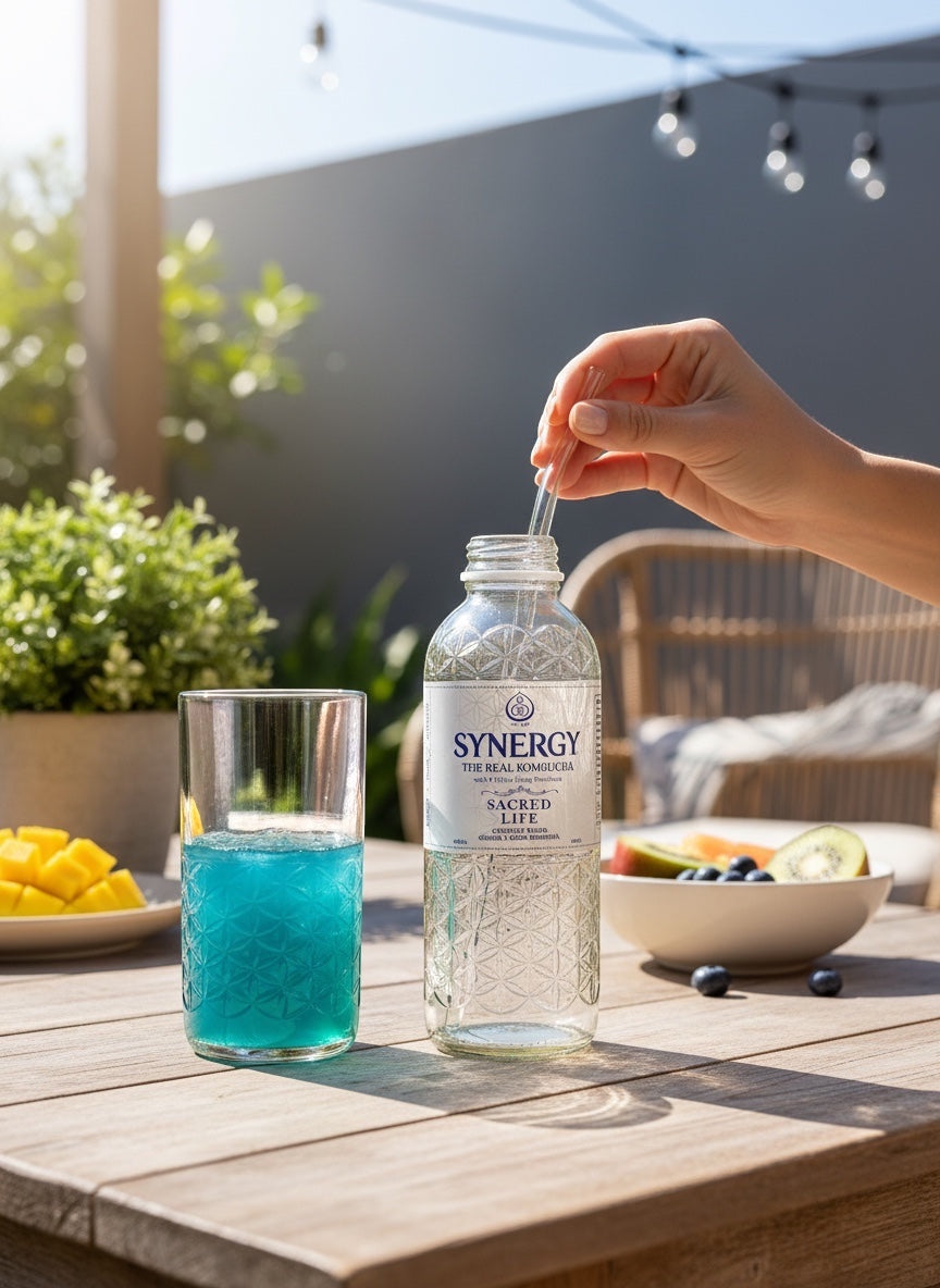 Broken Arrow Glass Recycling upcycled tumbler with blue liquid and embossed flower of life pattern on outdoor table